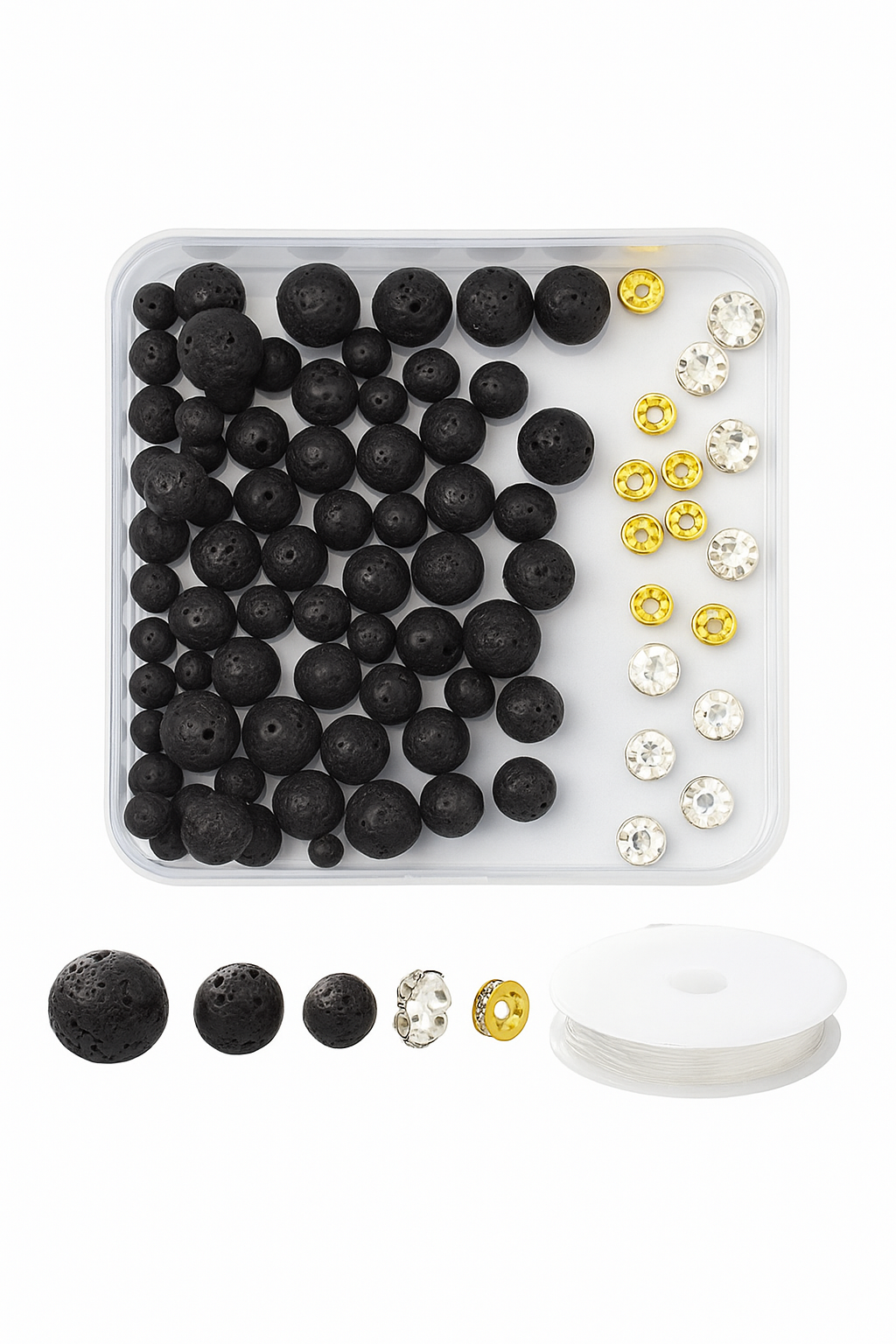 Inwaria Lavastein Perlenset – 76 Lavastein Perlen + Strass Spacer + Faden