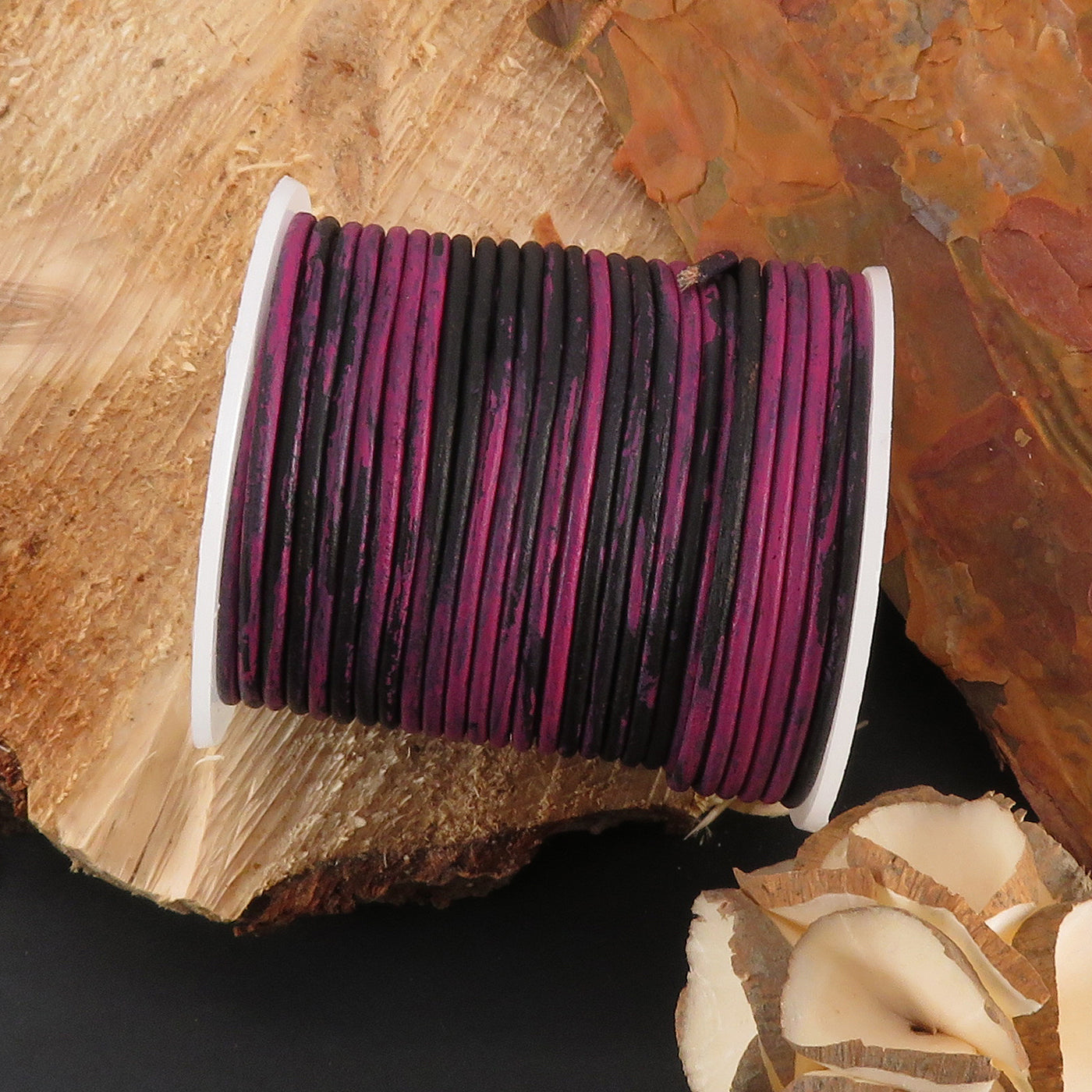 esnado Lederschnur Rund 2 mm - Bicolor Pink/Schwarz. Länge: 25 m auf Rolle