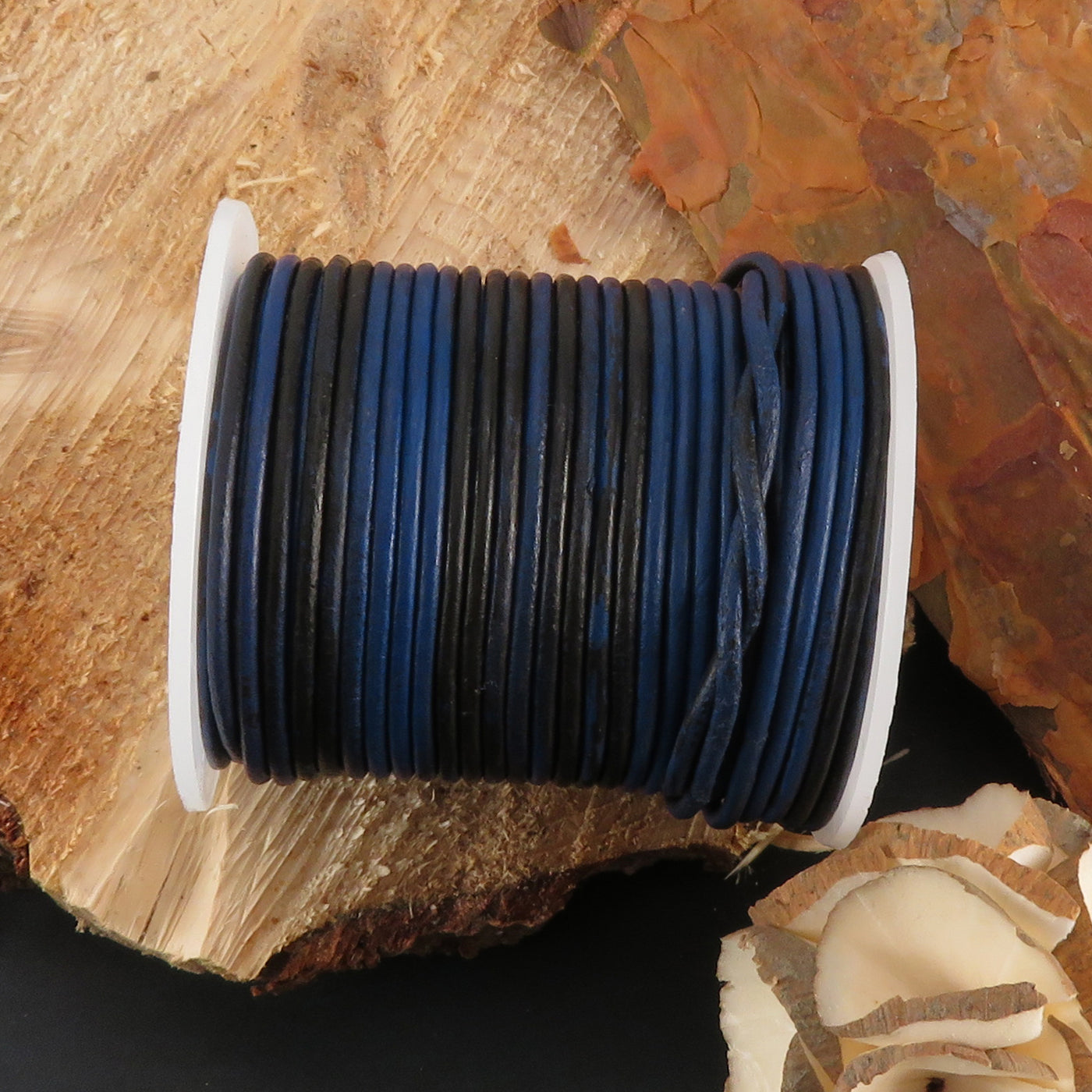 esnado Lederschnur Rund 2 mm - Bicolor Blau/Schwarz. Länge: 25 m auf Rolle