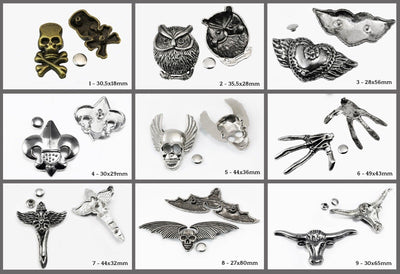 Ziernieten Nieten mit Kappe Eule Stierkopf Lilie Herz Kreuz Totenkopf, B60