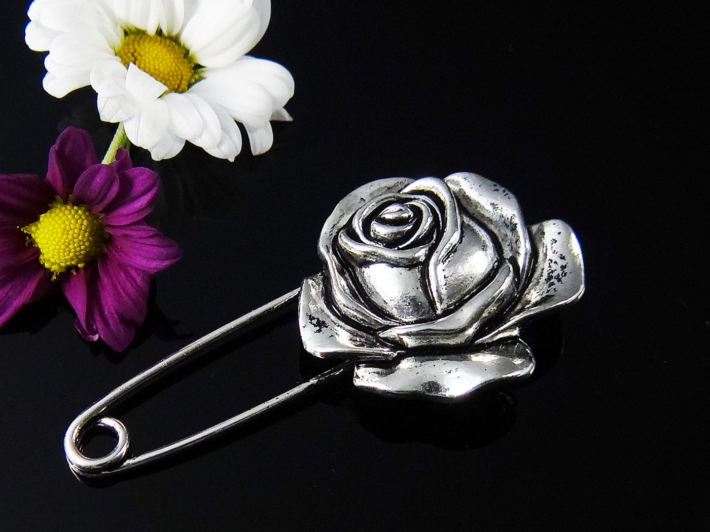 Anstecknadel Rose, 60 mm, silberfarben