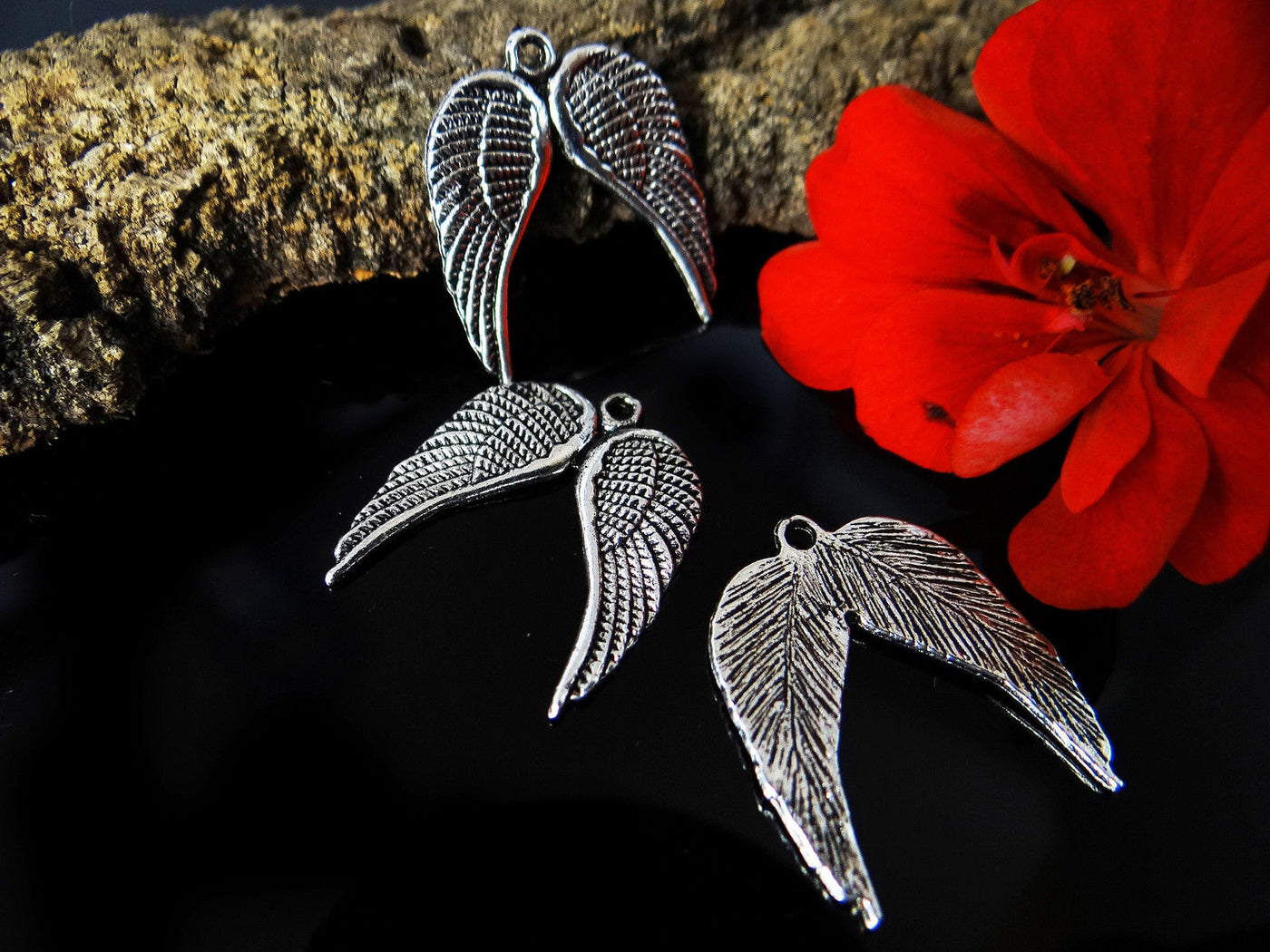 Anhänger Doppelflügel, 21 x 19 mm, silberfarben, 5 Stück