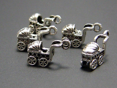 Anhänger Kinderwagen, 17 x 7 x 5 mm, 3D, silberfarben, 5 Stück